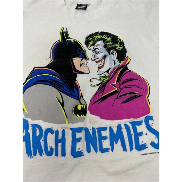 Vintage 1989 Arch Enemies Batman v Joker T Shirt Size 10-12 White DC Comics 80s - Picture 5 of 13
